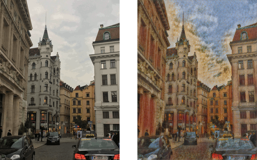 Street scene and its neural network art version